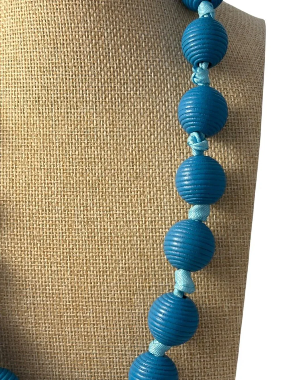 Blue Ribbed Bead Gumball Statement Necklace Satin Ribbon Tie Chunky Boho